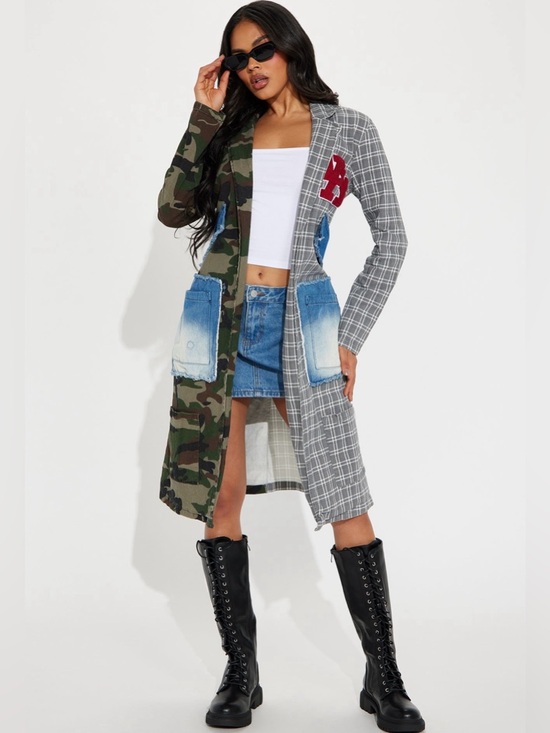 Fashion Nova Jackets & Blazers - Fashion Nova Patchwork Camo Plaid Coat Denim Pockets Long Statement Jacket NWT